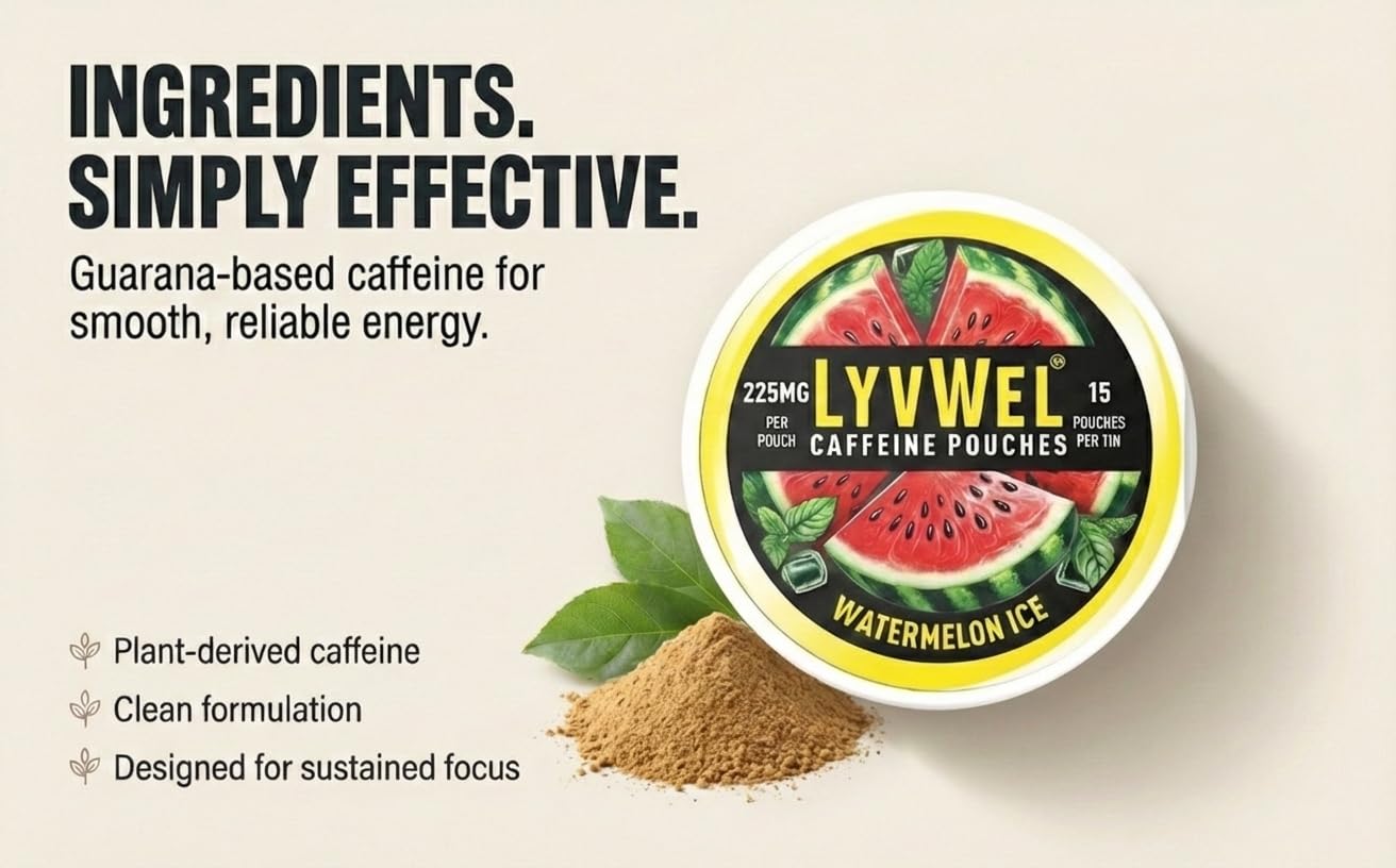 LyvWel 225mg Caffeine Energy Pouches | Nootropic Focus & Neuro Support | Tobacco-Free, Nicotine-Free, Quick Energy Solution | 3-Pack: 45 Pouches (3 Pack, Watermelon Ice, Pink Lemonade, Wintergreen) LyvWel uk supplements