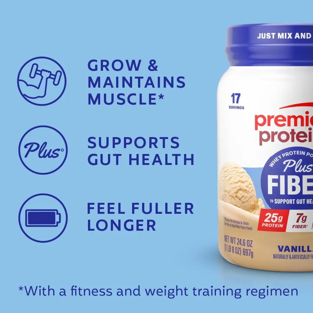 Premier Protein Powder Plus Fiber, Vanilla, 25g Protein, 7g Fiber to Support Gut Health, No Added Sugar (17 Servings) Premier Protein uk supplements