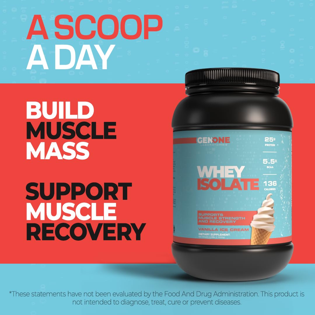 GenOne Whey Protein Powder Isolate, 25g Protein and 5.5g BCAAs per Serving, Vanilla Ice GENONE LABORATORIES uk supplements
