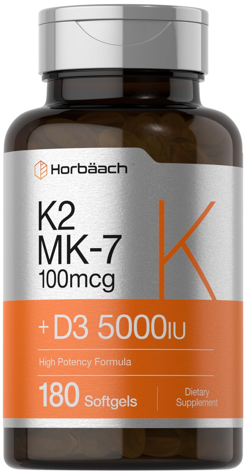 Horbäach Vitamin D3 K2 | 5000iu of Vitamin D & 100mcg MK-7 Complex | 180 Softgel Cap Horbäach uk supplements