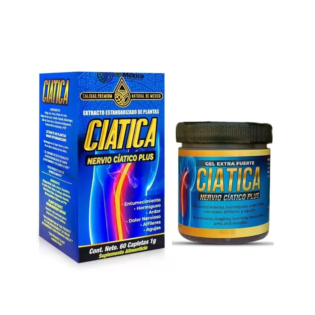 Set con Suplemento Ciatico Tratamiento Nervio Plus 60 Capsulas + Gel Extra Fuerte Ciatica 250 grs. Natural de Mexico/Entumecimiento, Hormigueo, Ardor, Dolor Nervioso, Alfileres o Agujas. (2) Generic uk supplements