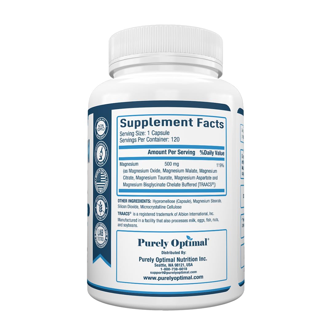 Purely Optimal Magnesium Complex - 6 Forms Magnesium Glycinate, Citrate & Malate - Sleep Support, Stress Relief, Muscles, Heart Health & Relaxation - Magnesium Supplement for Women & Men, 120 Caps Purely Optimal uk supplements