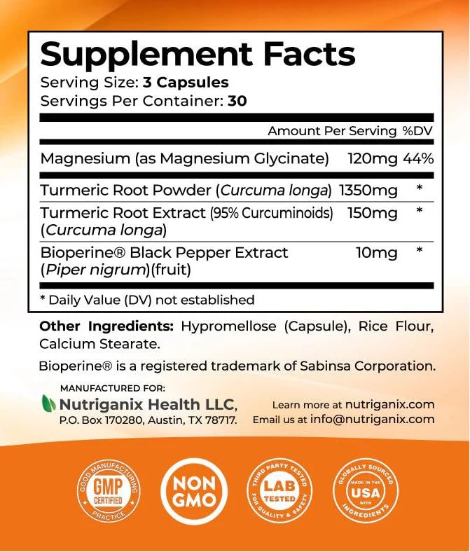 Turmeric Tranquility Turmeric Curcumin & Magnesium Glycinate with BioPerine – Support for Stress Relief, Sleep, Heart Health, Muscles, Metabolism, and Joint Health* - High Absorption - 90 Capsules (1) Nutriganix uk supplements