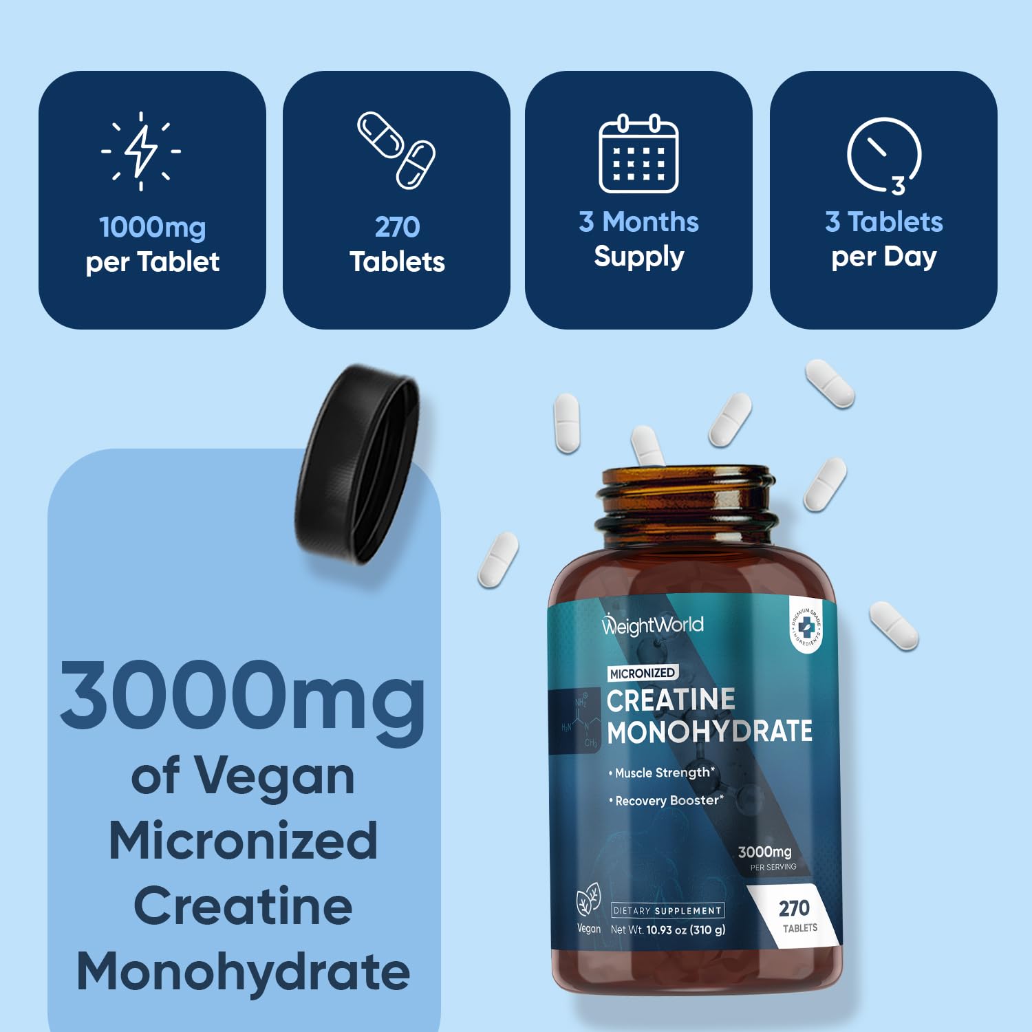 WeightWorld Micronized Creatine Monohydrate 3000mg Vegan Tablets | Muscle Strength & Recovery Booster | 3 Months Supply - 270 Tabs | Creatine for Women & Men | Non-GMO, Gluten-Free | 3 Tablets a Day WeightWorld uk supplements