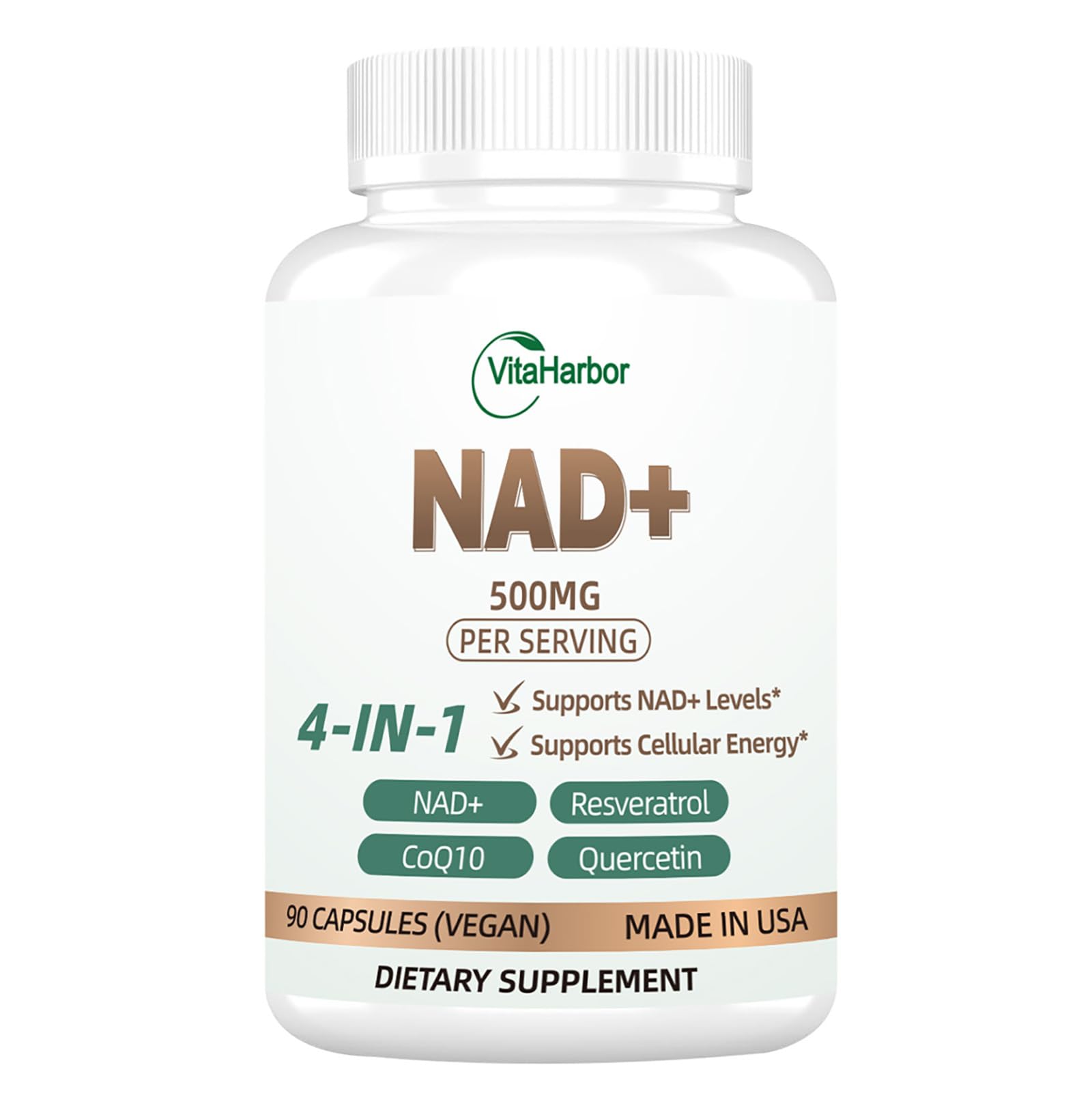 NAD Supplement 500mg, Pure Organic NAD+ Supplement for Women & Men, NAD+ with Trans-Resveratrol & CoQ10 & Quercetin for Cellular Energy & Healthy Aging, NMN Alternative (90 Vegan Caps) VitaHarbor uk supplements