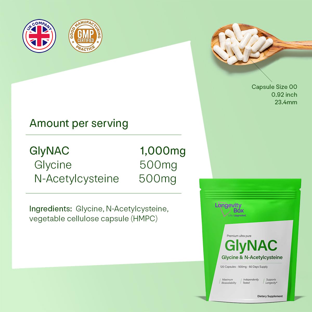 Longevity Box Ultra Pure GlyNAC Supplement 1000mg (500mg Glycine + 500mg N-Acetyl Cysteine) - Glutathione Precursor for Healthy Aging, Energy & Cellular Protection - 120 Vegan Capsules Longevity Box uk supplements