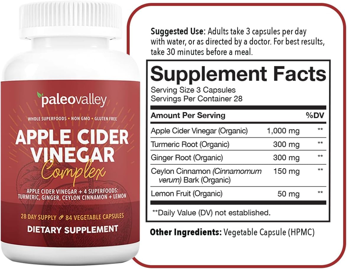 Paleovalley Apple Cider Vinegar Complex with Superfoods - Turmeric, Ginger, Ceylon Cinnamon and Lemon - 84 Vegetable Capsules Paleovalley uk supplements