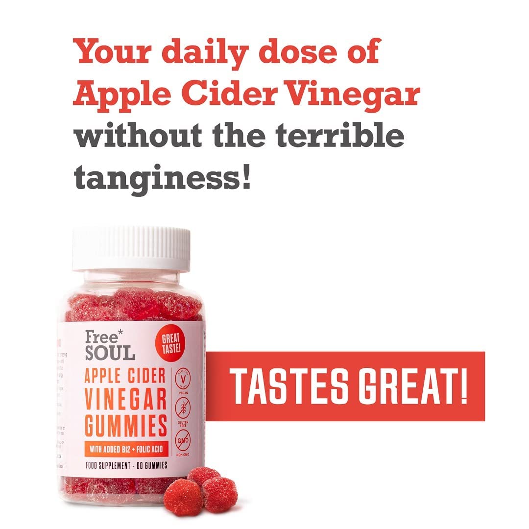 Apple Cider Vinegar Gummies with The Mother 1000mg Enhanced with Vitamin B12 & Folic Free Soul uk supplements