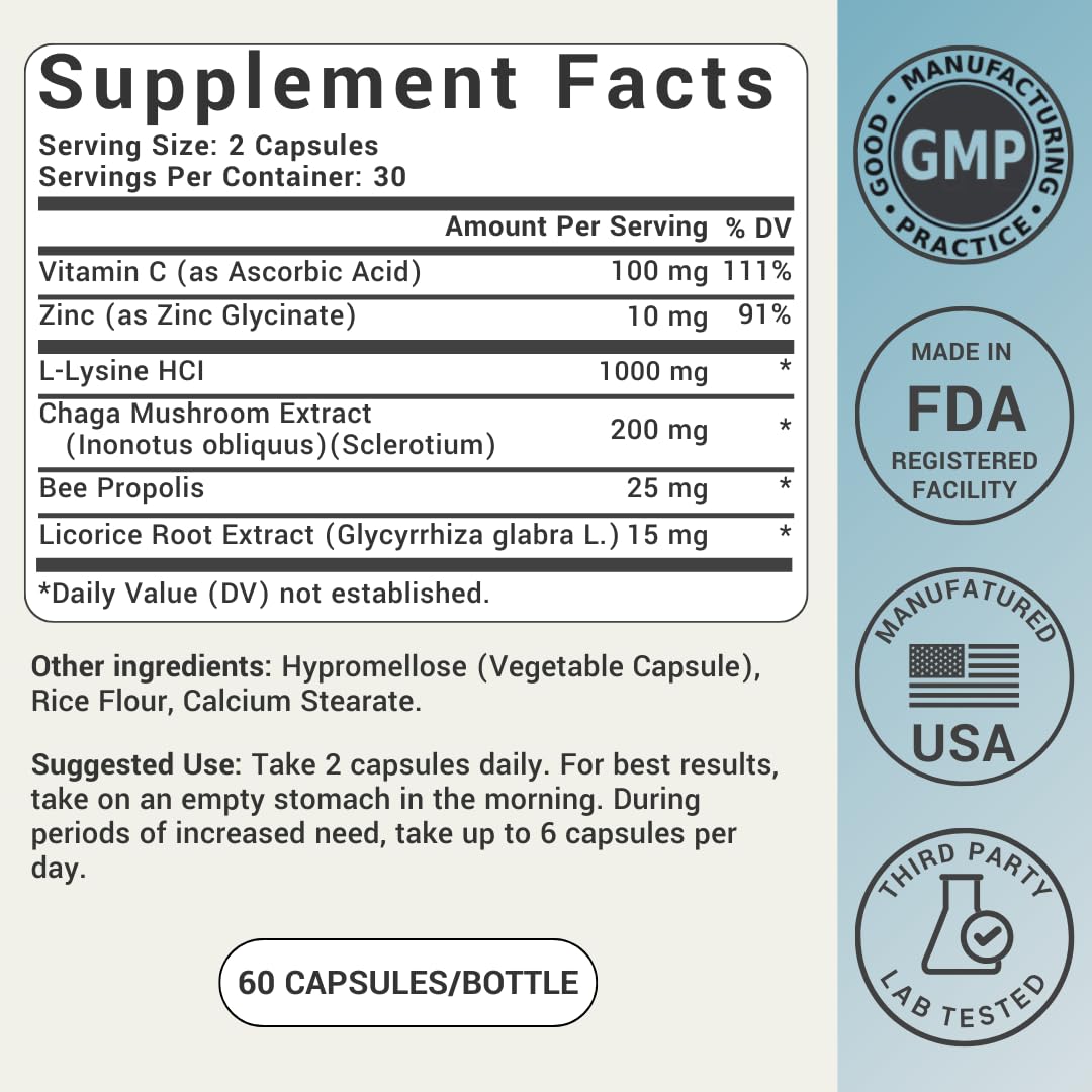 L-Lysine Cold Sore Treatment For Lips With Immune Support - L Lysine 1000mg Capsules, Chaga, Bee Propolis, Vitamin C, Zinc & Licorice Root Extract - Non-GMO, Vegetarian, Ideal Wellness uk supplements