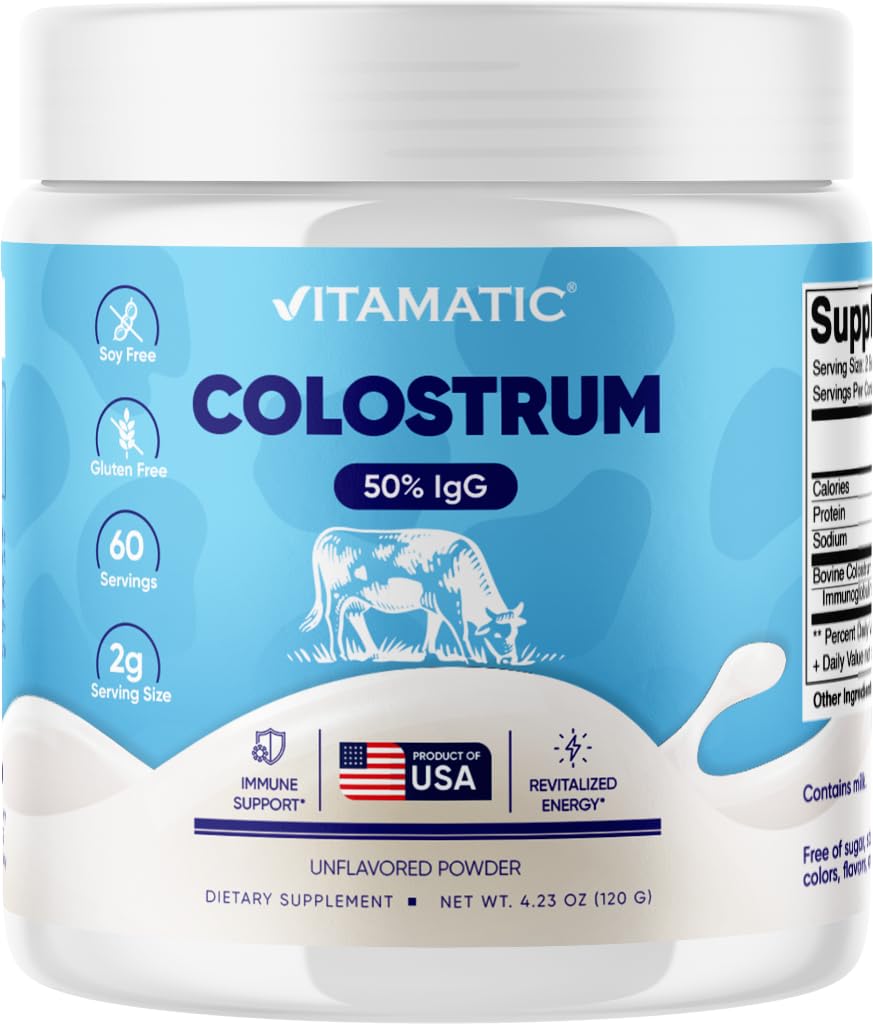 Vitamatic Bovine Colostrum Powder - 50% Highest IgG -120 Gram - Supplement for Gut Health, Hair Growth, Beauty, Muscle Recovery, & Immune Support - Easy to Mix - Unflavored - 60 Servings Vitamatic uk supplements