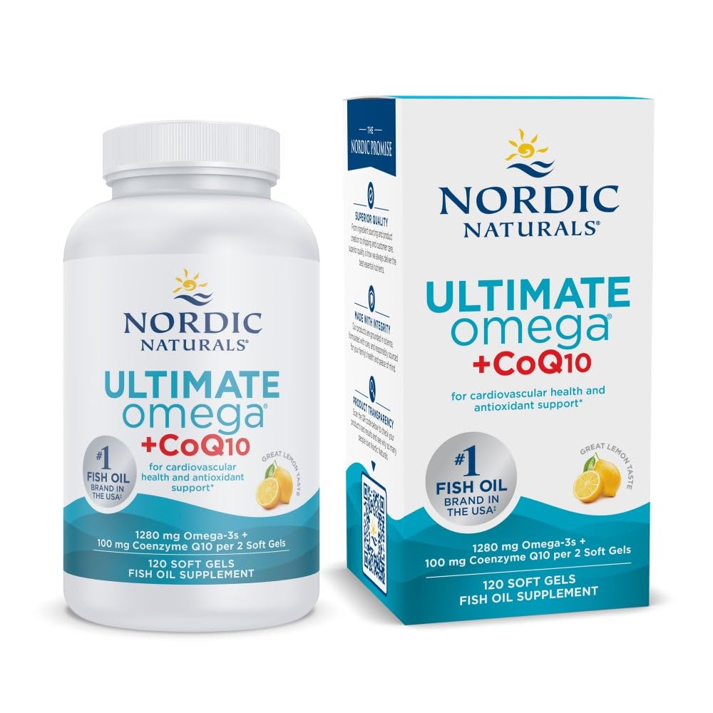 Nordic Naturals Ultimate Omega + CoQ10, Lemon - 120 Soft Gels - 1280 mg Omega-3 + 100 mg CoQ10 - Heart Health, Cellular Energy, Antioxidant Support - Non-GMO - 60 Servings Nordic Naturals uk supplements