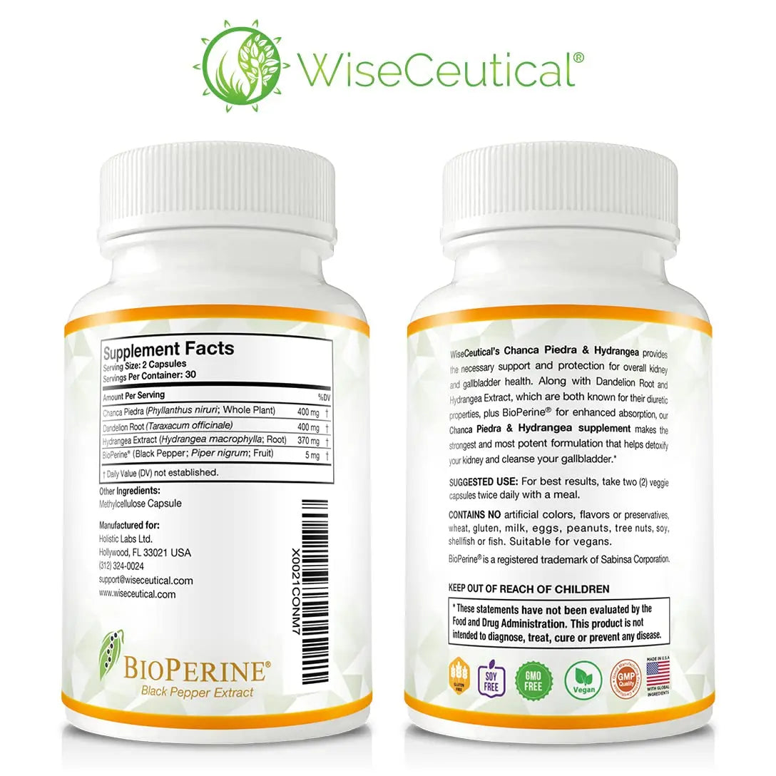 Max Strength Chanca Piedra, Hydrangea & Dandelion Root - Natural Kidney & Gallbladder Formula - Stone Breaker, Flush Impurities, Cleanse Urinary Tract - Enhanced with BioPerine. 60 Veggie Capsules. Wiseceutical uk supplements