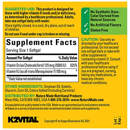 Nature Made Vitamin D3 K2, 5000 IU (125 mcg) Vitamin D, Dietary Supplement for Bone Nature Made uk supplements