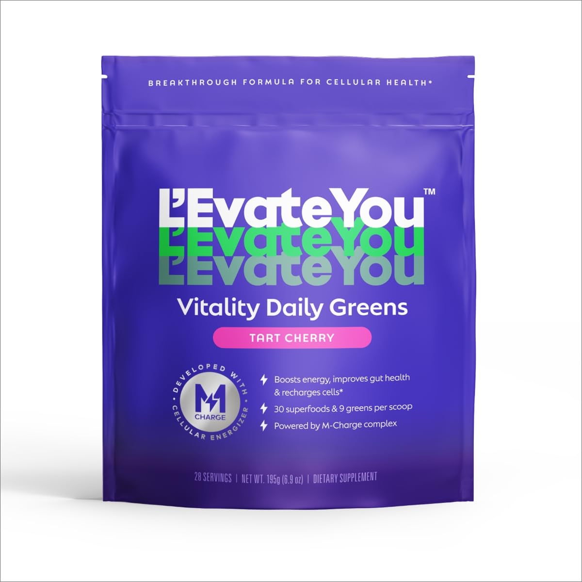 L'Evate You Vitality Daily Greens Powder (28 Servings) 30 Superfoods, 9 Greens - for a Cellular Energy Boost, Powered by M-Charge Complex for All Day Energy (Tart Cherry) Steve Harvey's L'Evate You uk supplements