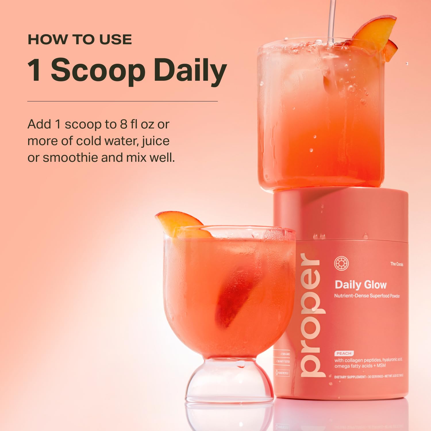 Proper, The Corals Daily Glow Beauty Blend - Nutrient Dense Superfood Powder with Collagen Peptides, Hyaluronic Acid Powder, Vitamin C, and MSM. Hair, Skin, Nail Vitamin Supplement for Women & Men Proper uk supplements