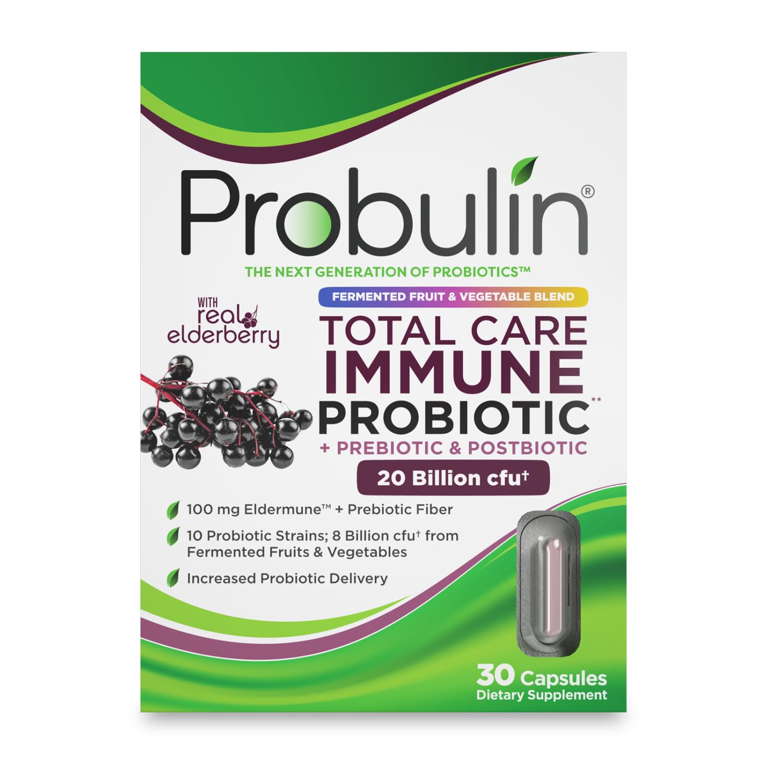 Probulin Total Care Immune = Prebiotics + Probiotics + Postbiotics + Elderberry to Support Immune & Gut Health - 20 Billion CFU - 10 Probiotic Strains, 30 Vegan Capsules Probulin uk supplements