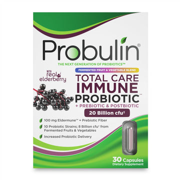 Probulin Total Care Immune = Prebiotics + Probiotics + Postbiotics + Elderberry to Support Immune & Gut Health - 20 Billion CFU - 10 Probiotic Strains, 30 Vegan Capsules Probulin uk supplements
