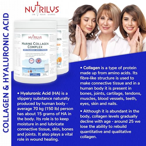 Hydrolysed Marine Collagen Powder 300g with Hyaluronic Acid and Vitamins - 29 Servings Nutrilus uk supplements