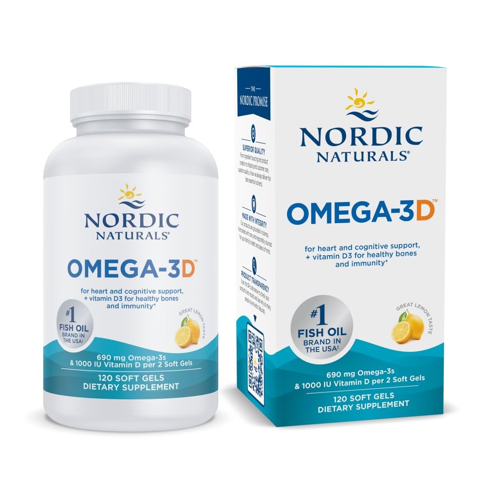 Nordic Naturals Omega-3D, Lemon Flavor - 120 Soft Gels - 690 mg Omega-3 + 1000 IU Vitamin D3 - Fish Oil - EPA & DHA - Immune Support, Brain & Heart Health, Healthy Bones - Non-GMO - 60 Servings Nordic Naturals uk supplements