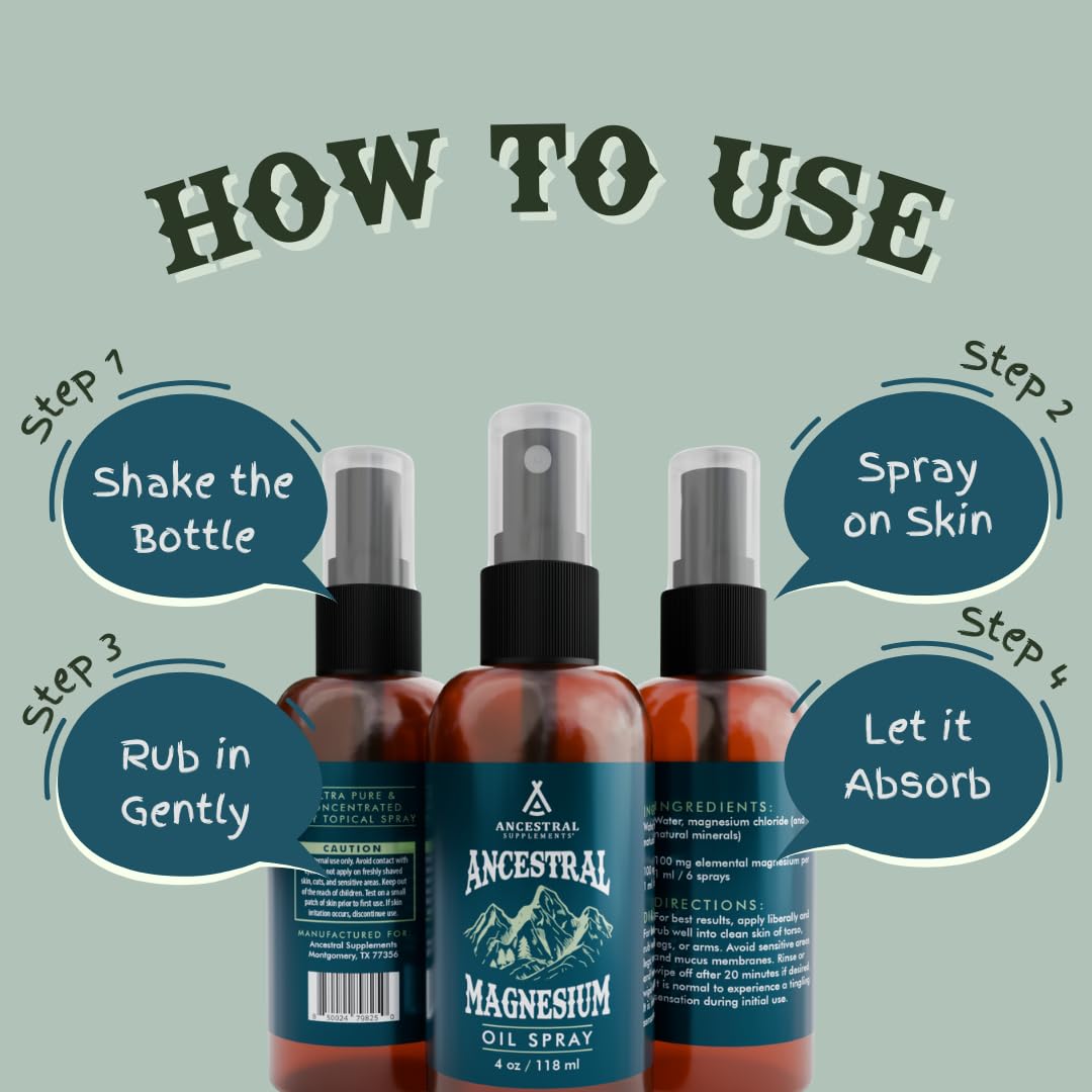 Ancestral Supplements Magnesium Spray, Magnesium for Sleep + Muscle Support, Made with Magnesium Chloride & Natural Minerals, Fast Absorbing Topical Magnesium Oil Supplement for Body Application, 4 oz Ancestral Supplements uk supplements