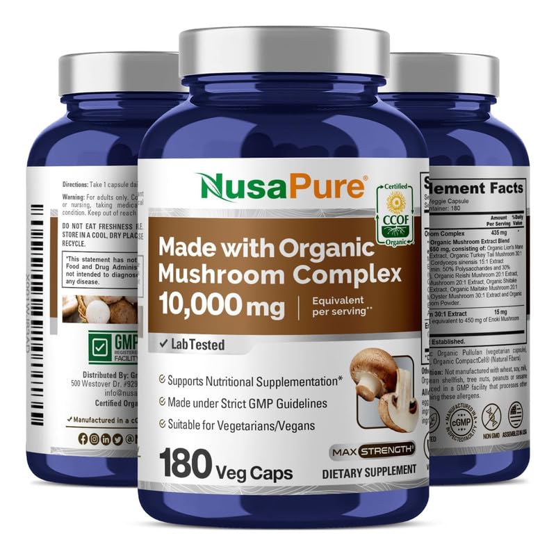 NusaPure Organic Mushroom Complex 10,000mg per Capsule, 180 Veggie Caps, Non-GMO, Enoki, Turkey Tail, Reishi, Chaga, Maitake NusaPure uk supplements