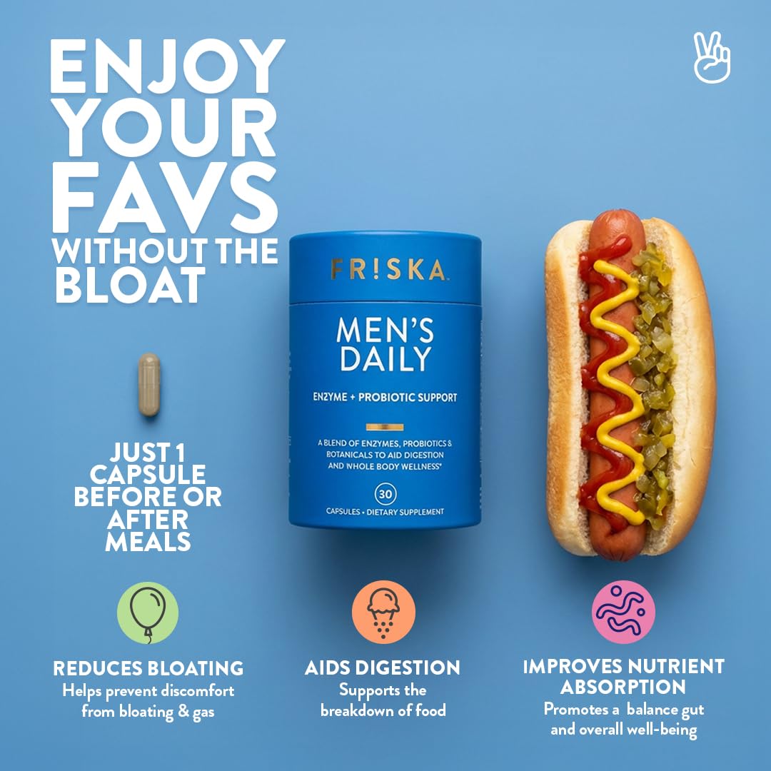 Friska Daily Digestive Enzymes with Probiotics for Men - Helps Break Down Protein, Fat & Carbs, Reduces Bloating & Gas, with Vitamins B6 & B12, 30 Capsules FR!SKA uk supplements