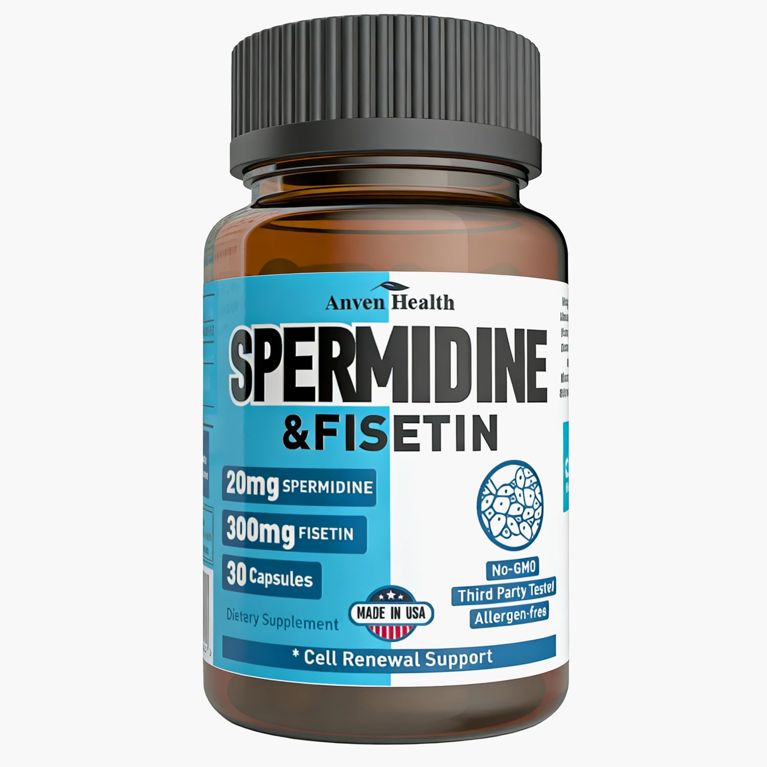 Spermidine & Fisetin Supplement - 20mg of 99% Spermidine Per Serving, 3HCL & 300mg Fisetin for Women Men Cell Renewal, Aging Defense & Longevity, Gluten Free, Non-GMO, Made in USA | 30 Veggie Caps Anven Health uk supplements