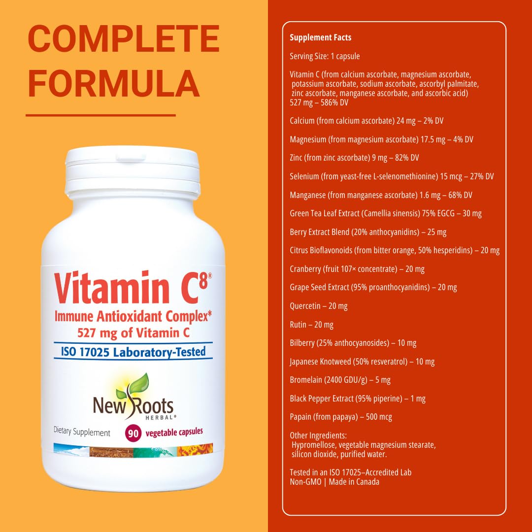 Vitamin C8 + Zinc Supplement for Higest Absorption (90 Capsules) | 527mg per Portion | 8 Buffered Sources of Vitamin C with Bioflavonoids, Green Tea & Quercetin for Stronger Defense | 3 months Supply NEW ROOTS HERBAL uk supplements