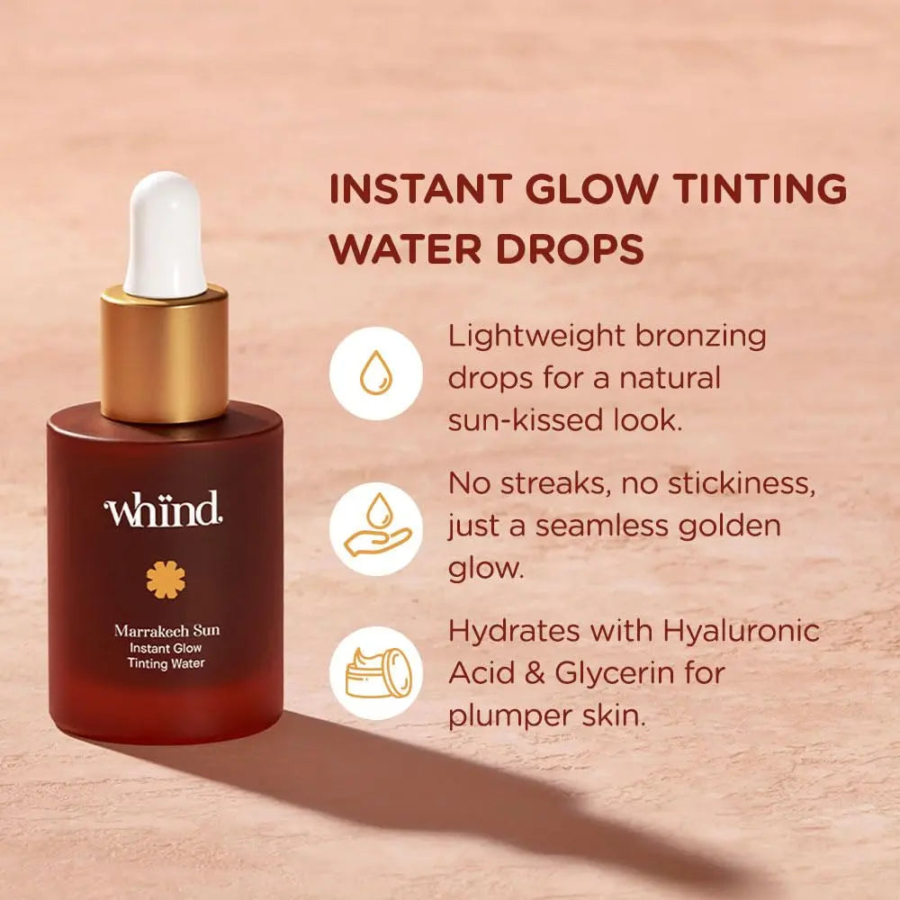 WHIND Marrakech Sun Instant Glow Tinting Water- Self Tanner Face Drops –Bronzing for Face –Lightweight Tanner/Natural Tan- Streak-Free Glow – Tan Drops for Radiant Skin - 1oz / 30ml WHIND uk supplements