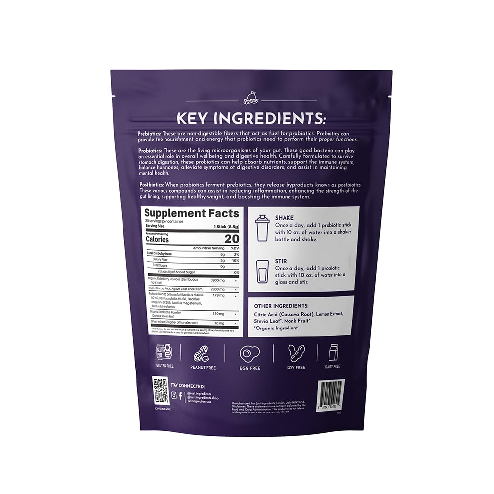 JUST INGREDIENTS Elderberry Lemonade 3-in-1 Probiotic Complex - Prebiotics, Probiotics & Postbiotics - 30 Sticks JUST INGREDIENTS uk supplements