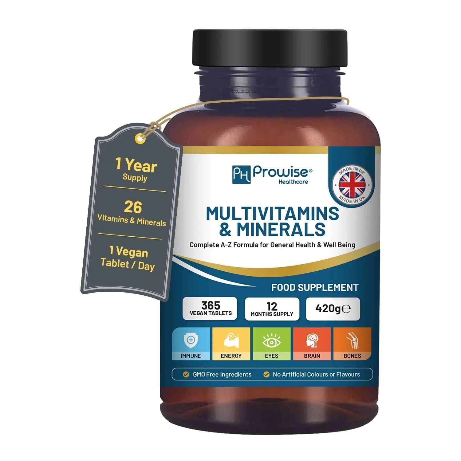 A-Z Multivitamins & Minerals I 365 Vegan Tablets (1 Year Supply) I 26 Essential Active Vitamins, Minerals & Micronutrients PH PROWISE Healthcare uk supplements