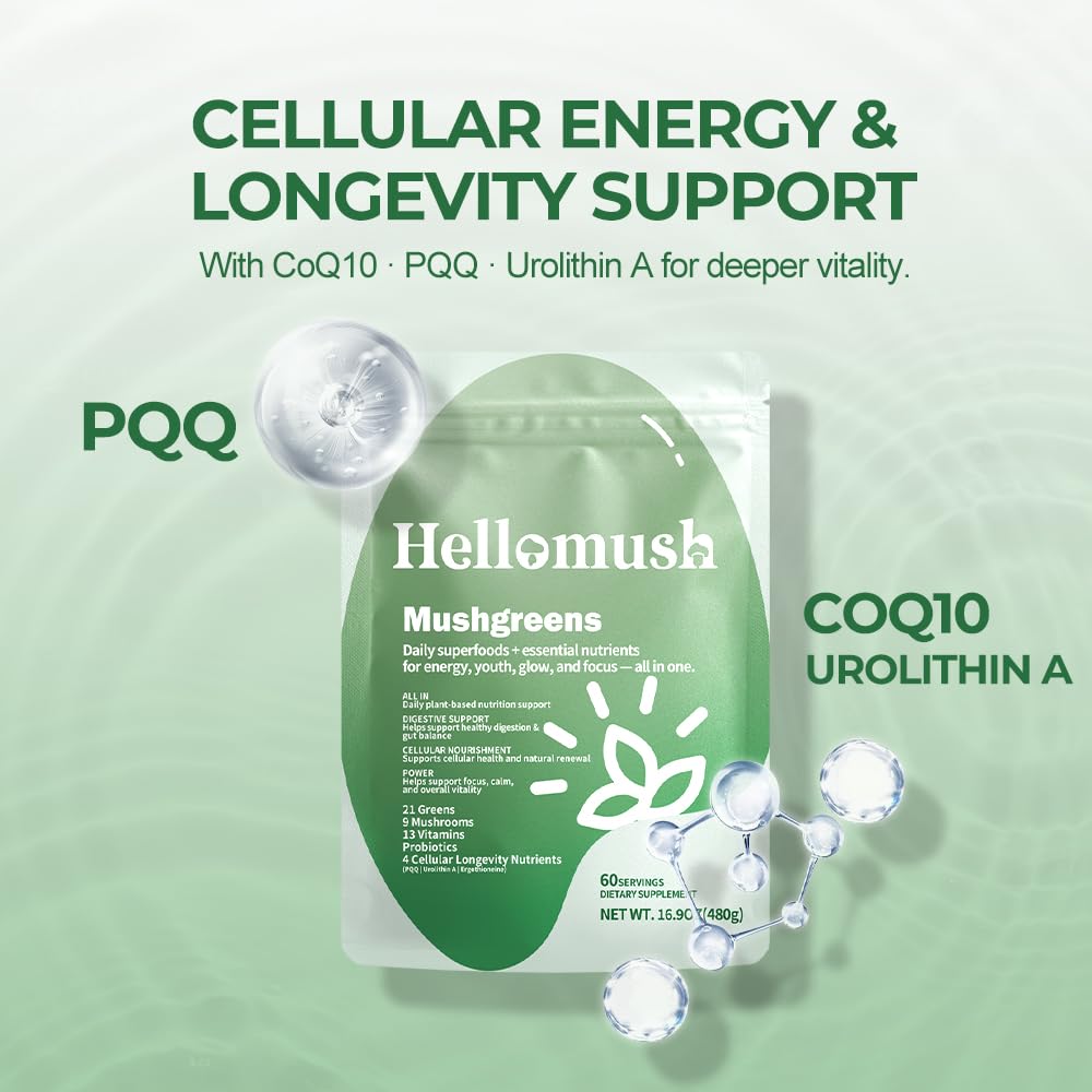 Hellomush Super Greens Powder Superfood, Daily Green Powder Supplement with Probiotics Drink Mix for Men & Women, Blend of Greens, Mushrooms, Vitamins, Probiotics and Cellular Nutrients Hellomush uk supplements