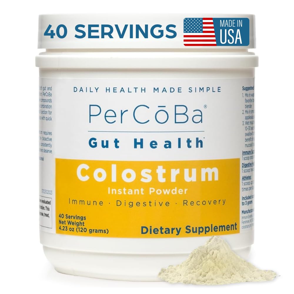 Colostrum Supplement for Gut Health, Bloating, Hair Growth, Muscle Recovery, Immune Support - Unflavored Bovine Colostrum Powder Made in USA, Non-GMO, Gluten Free, 120 Grams Per Serving - 40 Servings PERCOBA uk supplements