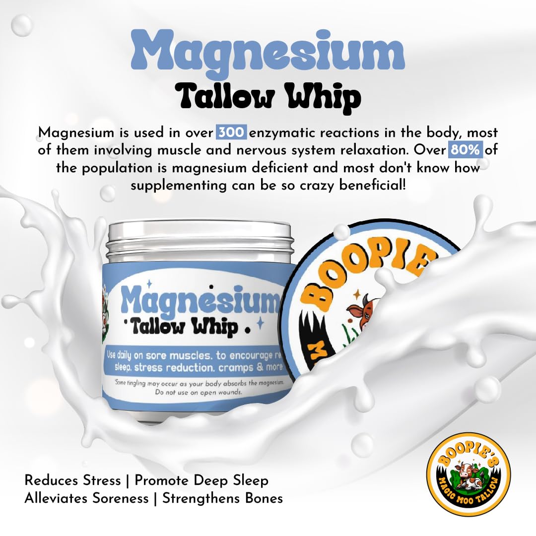 Magic Moo Magnesium Whipped Tallow Skincare for sore muscles, sleep, muscle and period cramps, stress, relaxation & more. Topical magnesium that works. Boopie's Magic Moo Tallow uk supplements