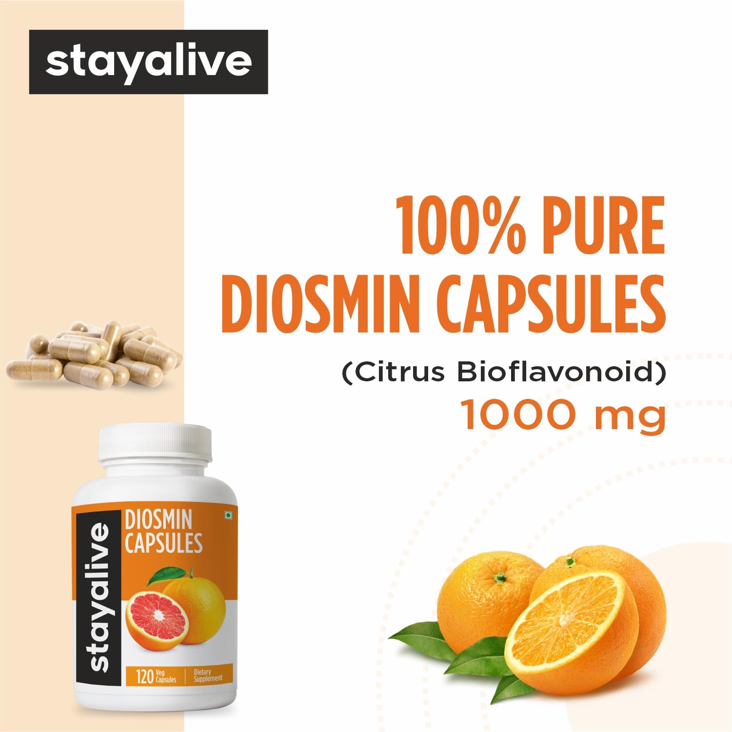 STAY ALIVE Pure Diosmin Complex 1000mg Formula, 120 Capsules, Citrus Bioflavonoids Rich Fruit Extract, 2 Month Supply, 100% Vegetarian, Non-GMO & Gluten Free Diosmin Supplement STAY ALIVE uk supplements