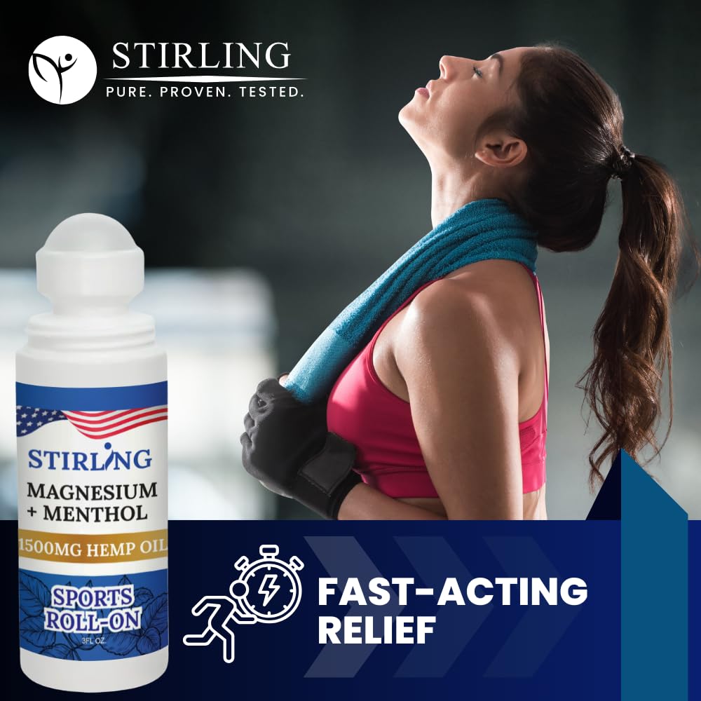 Stirling Menthol Roll On Lotion with Magnesium and 1500mg Pure Hemp - Non-GMO, THC-Free - Fast-Acting Relief for Sore Muscles and Joints, Reduces Swelling and Redness, Promotes Post-Workout Recovery STIRLING uk supplements