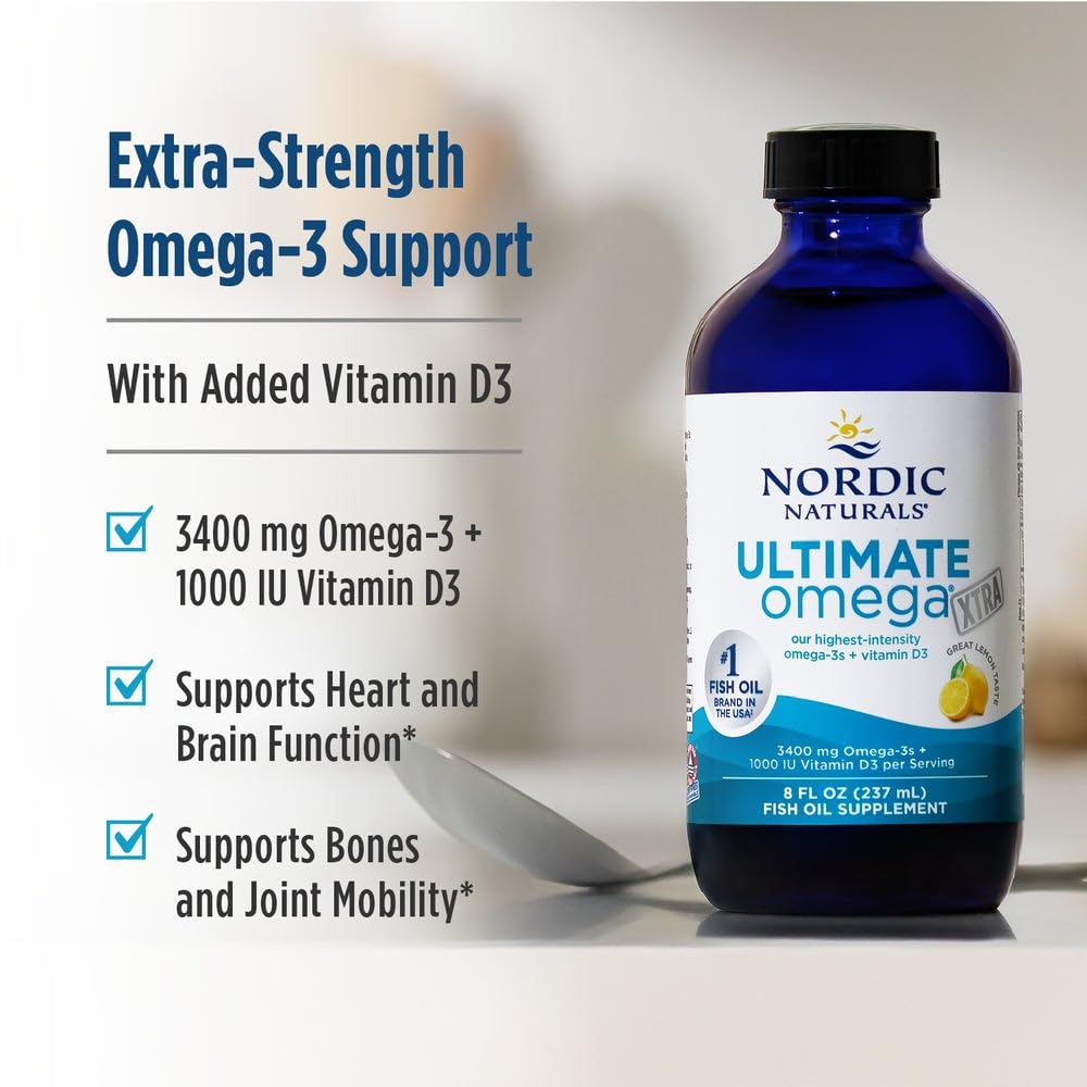 Nordic Naturals Ultimate Omega Xtra Liquid, Lemon Flavor - 8 oz - 3400 mg Omega-3 + 1000 IU Vitamin D3 - EPA & DHA - Brain, Heart, Joint, & Immune Health - Non-GMO - 48 Servings Nordic Naturals uk supplements