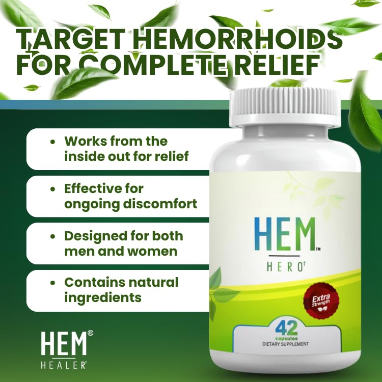 Hem Healer Hem Hero Extra Strength Hemorrhoid Treatment - Reduce Swelling, Soothe Itching & Irritation - 100% Natural - 42 Vegetarian Capsules Hem Healer uk supplements