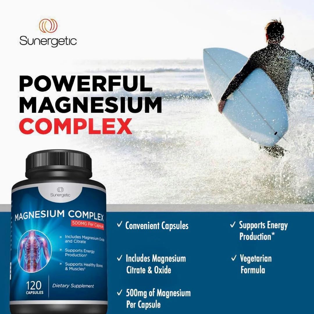 Premium Magnesium Citrate Capsules – Powerful 500mg Magnesium Oxide & Citrate Supplement – Helps Support Healthy Bones, Muscles, Teeth, Energy & Relaxation – 120 Vegetable Capsules Sunergetic uk supplements