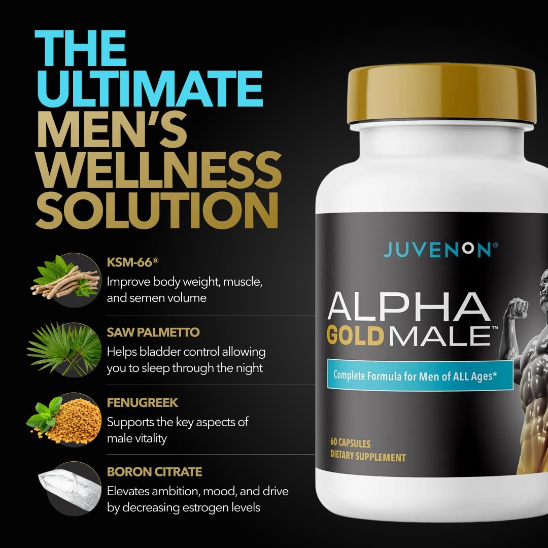 Juvenon Alpha Gold Male Testosterone Booster for Men - T-Support & Male Vitality with KSM-66 Ashwagandha + Fenugreek + Boron Citrate + Saw Palmetto, Non-GMO Vegetarian Capsules Juvenon uk supplements