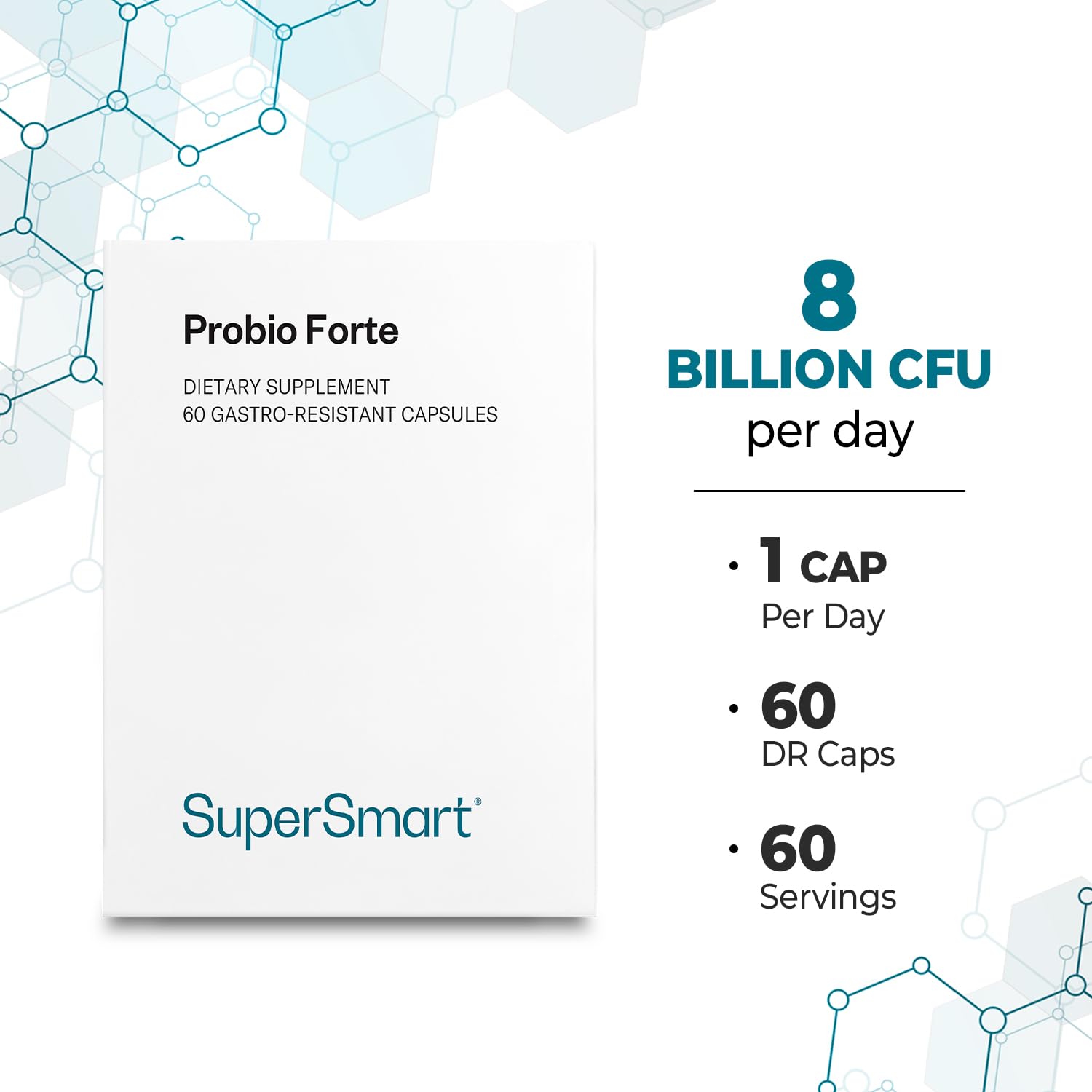 Supersmart - Probio Forte 8 Billion CFU per Capsule (Advanced Formula) - Daily Probiotics Supplement for Women & Men | Non-GMO & Gluten-Free - 60 DR Caps Supersmart uk supplements