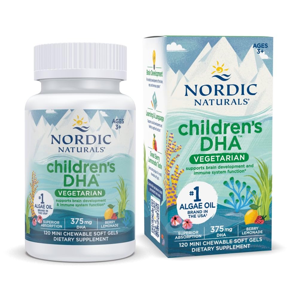 Nordic Naturals Children's DHA Vegetarian - Kids DHA Omega-3 Supplement -Algae Oil - Berry Lemonade Mini Chewables - Plant-Based Formula for Ages 3+ - 120 Soft Gels - 40 Servings Nordic Naturals uk supplements
