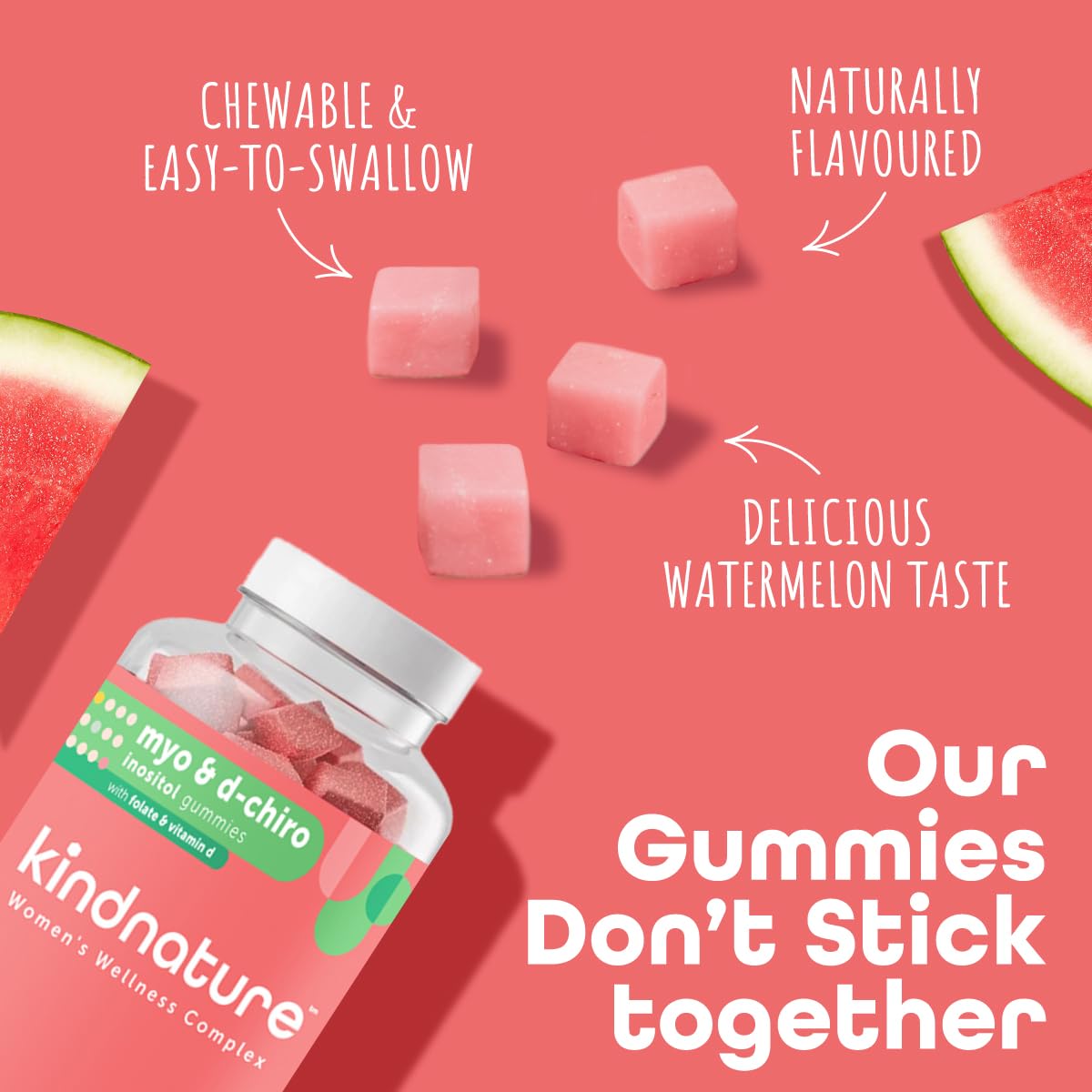 kindnature Myo-Inositol & D-Chiro Inositol Gummies for Women – 2000mg + 50mg, Ideal 40:1 Ratio – with Vitamin D & Folate – Hormone Balance Support – Vegan, Watermelon Flavor (120 Gummies) kindnature uk supplements