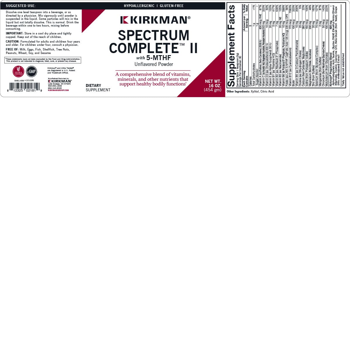 Kirkman Spectrum Complete II Powder - Hypoallergenic - 454 gm/16 oz Kirkman uk supplements