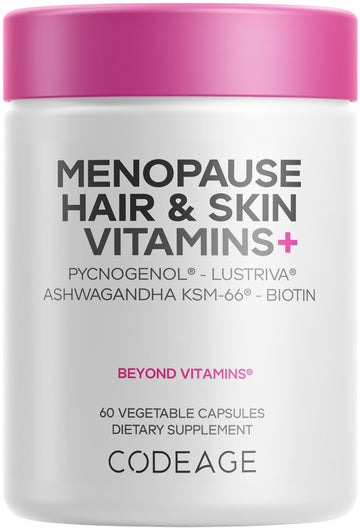 Codeage Menopause Hair & Skin Vitamins+ - Patented Lustriva, Pycnogenol, KSM-66 Ashwagandha - Hair Density Skin Perimenopause Support - Menopause Supplement - 10,000 Mcg Biotin, Wild Yam - 60 Capsules Codeage uk supplements