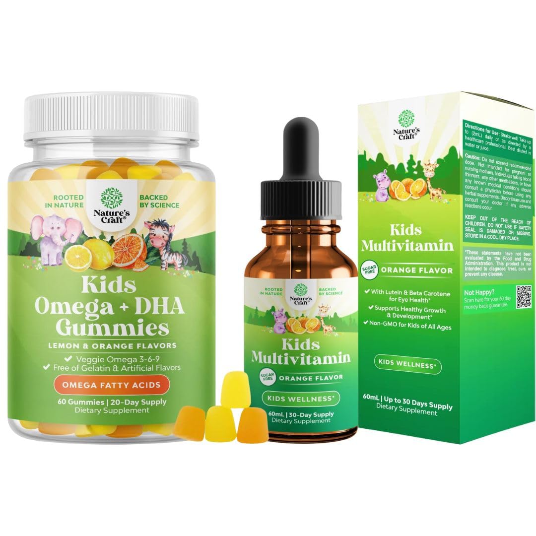 Bundle of Kids DHA Omega 3 Gummies - Fatty Acids Omega 3 6 9 for Brain Immune Strength Vision Focus Support and Liquid Multivitamin for Kids Immunity Support Natures Craft uk supplements