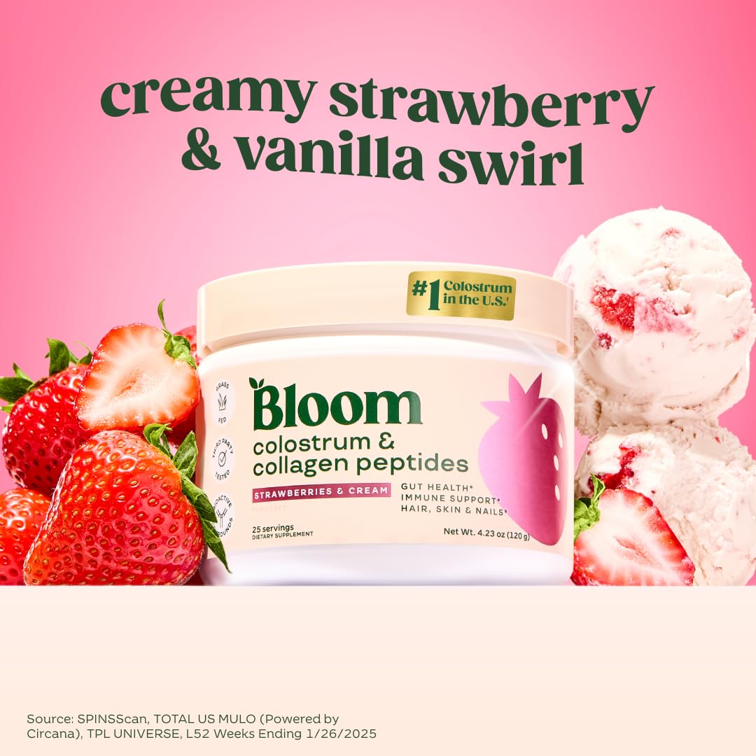 Bloom Nutrition Bovine Colostrum Powder with Vitamin B-12 for Gut Health, Immune Support, Hair Growth & Beauty Supplement | Strawberry, 25 Servings Bloom Nutrition uk supplements