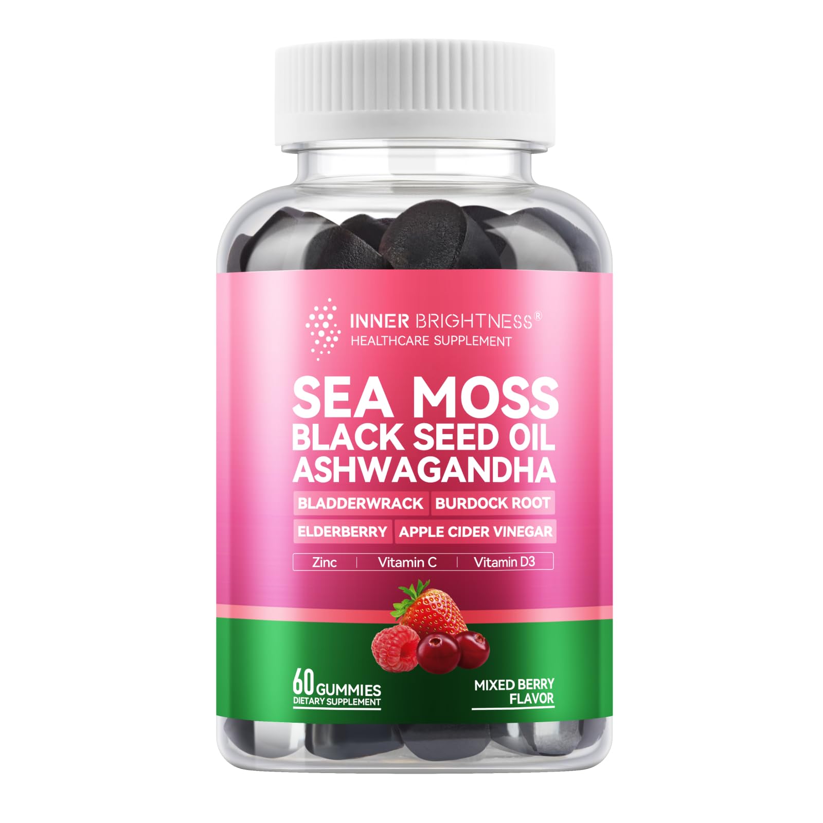 Inner Brightness Sea Moss 4000mg Gummies with Ashwagandha, Elderberry, Apple Cider Vinegar, Bladderwrack, Burdock Root – Immune Support – Mixed Berry Flavor – 60 Count Inner Brightness uk supplements