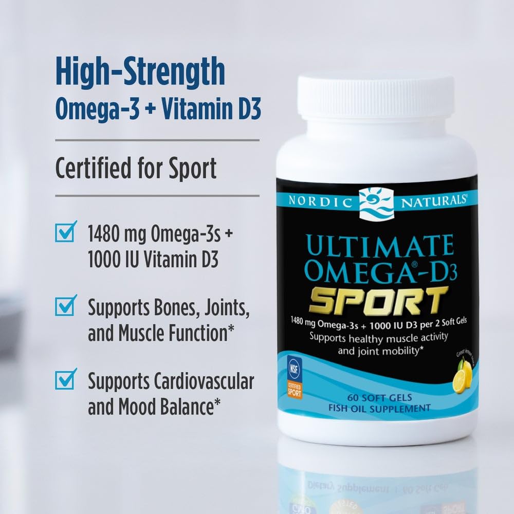 Nordic Naturals Ultimate Omega-D3 Sport, Lemon - 60 Soft Gels - 1480 mg Omega-3 + 1000 IU Vitamin D3 - NSF Certified - Supports Muscle, Bones, Focus & Endurance - 30 Servings Nordic Naturals uk supplements