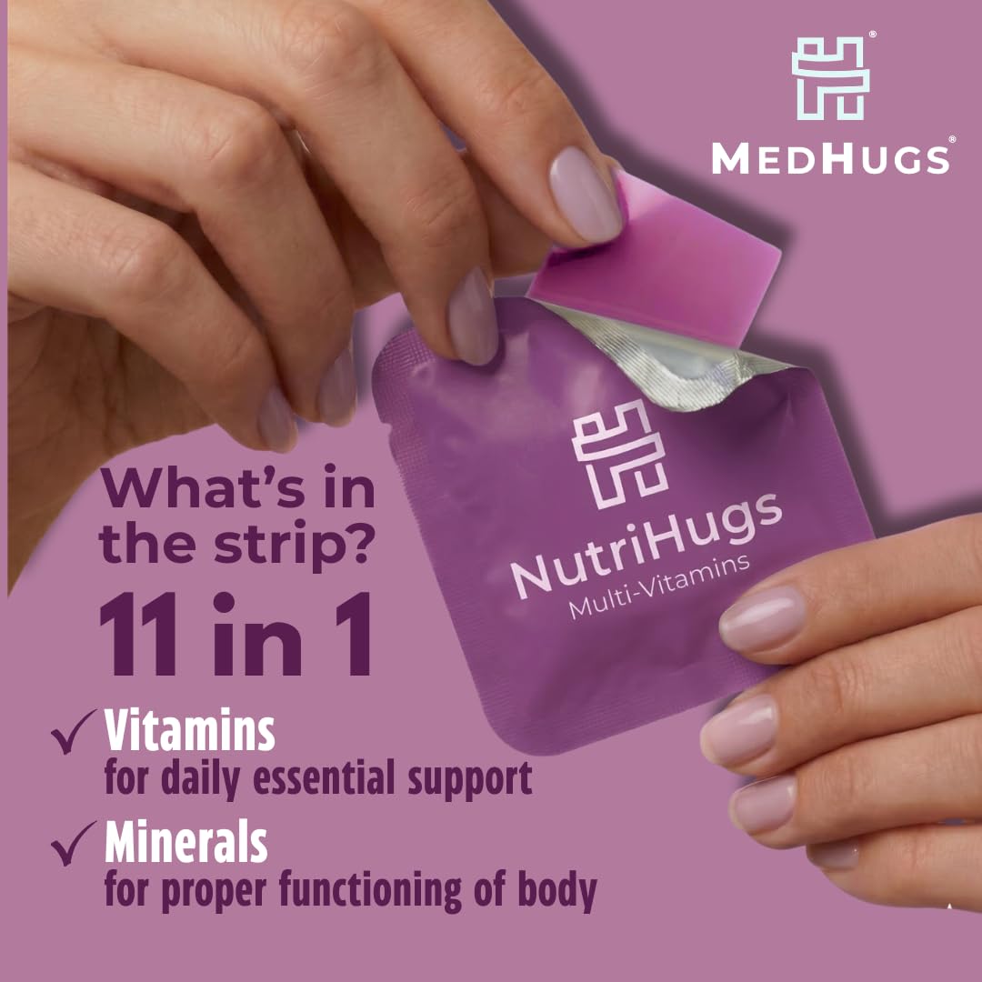 NutriHugs Daily Multivitamin Dissolving Strips - Vitamins A, B-Complex, C, D3 and K2 - 11 Essential Vitamins & Minerals - Vegan, Sugar-Free, Fast-Absorbing Oral Thin Film - Doctor-Founded - 30 Count MedHugs uk supplements